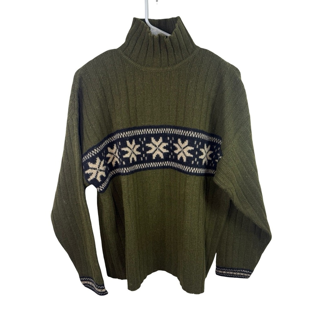 J.Crew Mens 100% Shetland‎ Wool Sweater Olive Green Fair Isle Medium